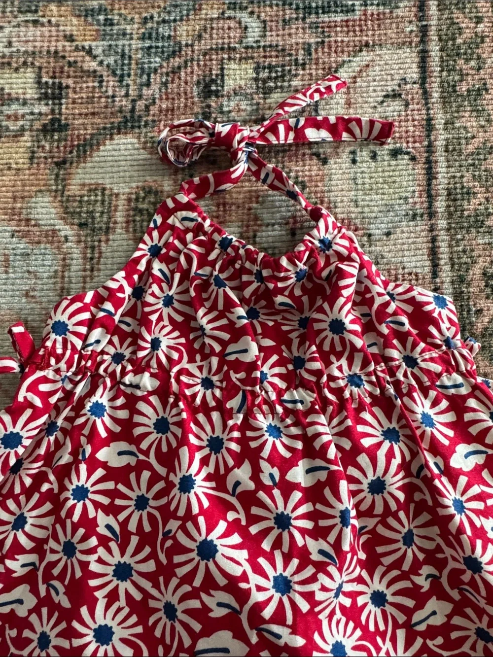 Janie and Jack Red Daisy Halter Pajama Set with Navy Accents
